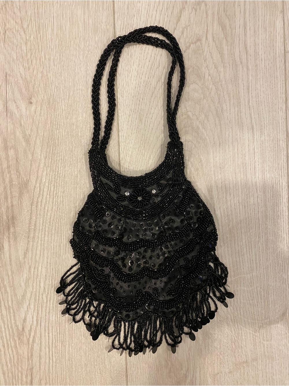 Black Beaded Fringe Evening Bag with beaded handle